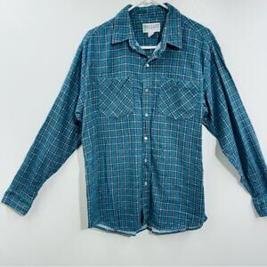 Haband Flannel Shirt Pearl Snap Blue Plaid Long Sleeve Vintage Weatern Size M‎